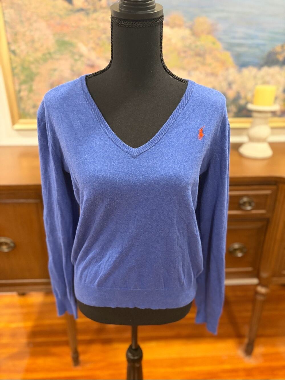Polo by Ralph Lauren Pima Cotton Royal Blue V-Neck Sweater with Red Pony